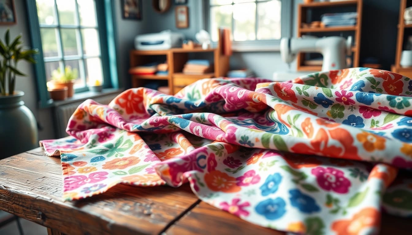 Ontdek hoogwaardige bedrukte katoenen stoffen in diverse kleuren en patronen op een houten tafel.