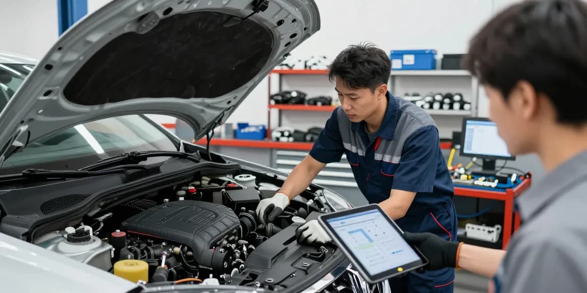 Professional mechanic performing a vehicle inspection near me, ensuring car safety and performance in a well-equipped service center.