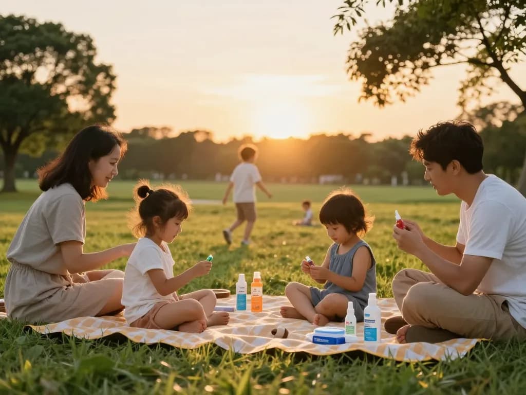 Families enjoying outdoors while applying mosquito repellent for effective protection at sunset