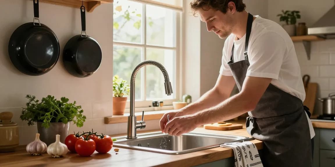 Installing modern kitchen faucets with fresh ingredients in a rustic kitchen.