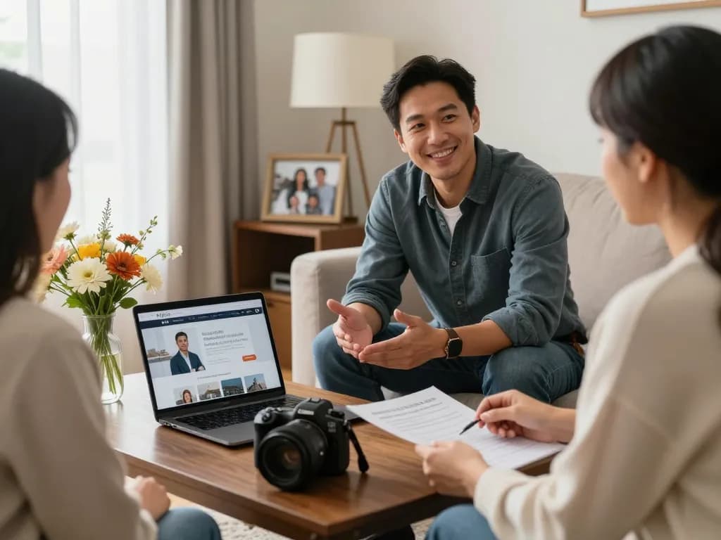 Cash home buyers consulting with a homeowner in a cozy living room.