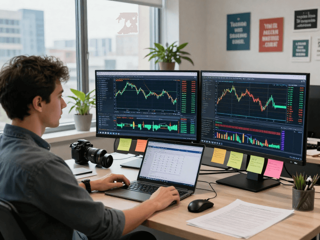 在现代交易工作空间中，交易者使用metatrader 5进行市场分析。
