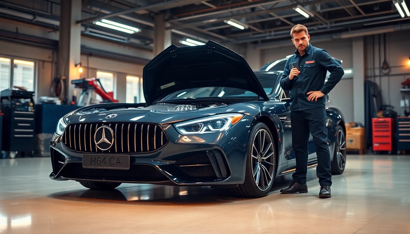 Evaluate the benefits of an extended warranty for luxury cars with a mechanic inspecting a high-end vehicle.