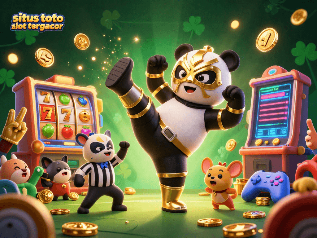 Experience thrilling action with situs toto slot tergacor as a panda performs a kick, crafting a vibrant casino scene.