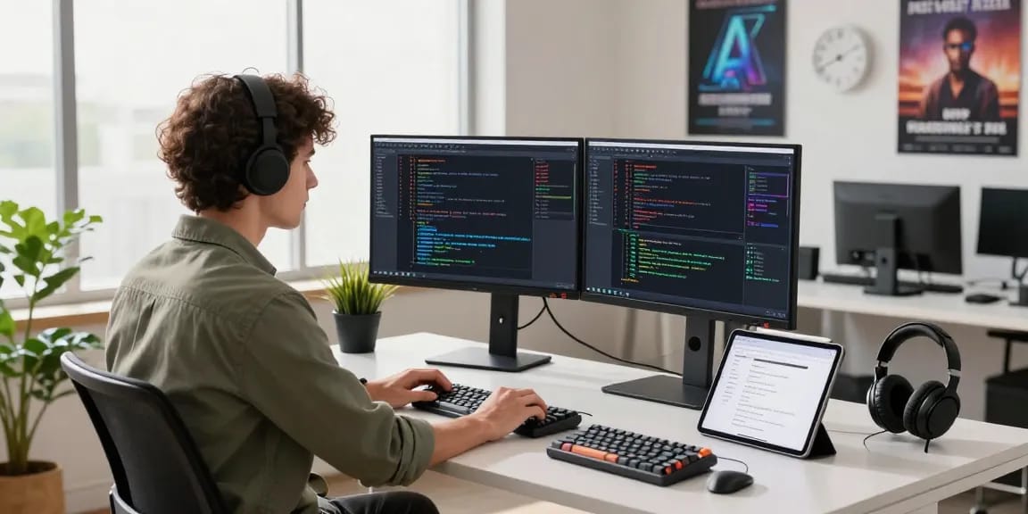 Innovative tech workspace with AI developer coding on multiple screens, showcasing crushonai in an inspiring atmosphere.