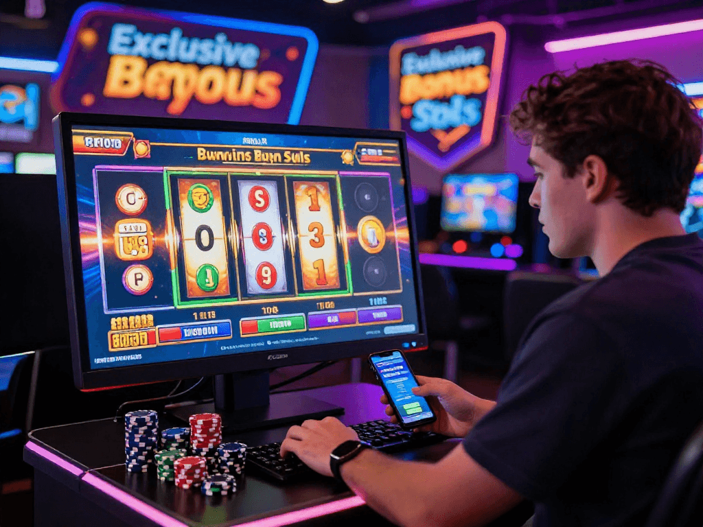 Player enjoying bonus buy slots in an energetic online casino setting, featuring colorful graphics and big win notifications.