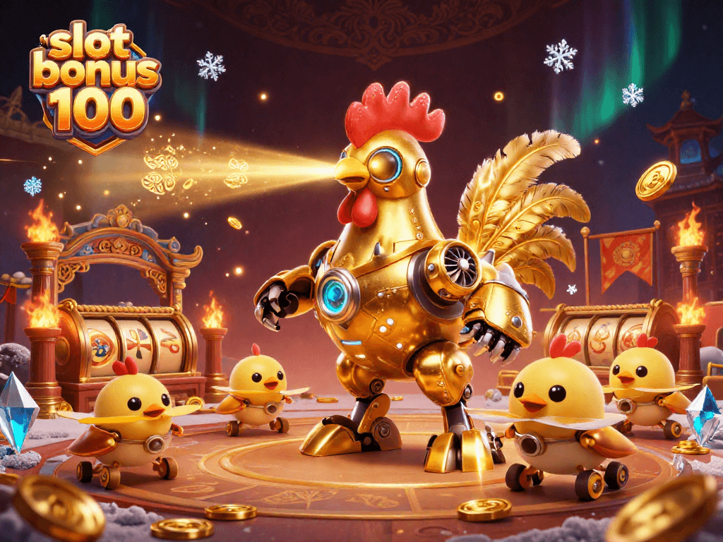 Engage with slot bonus 100 in this vibrant, detailed 3D scene showing dynamic casino action.