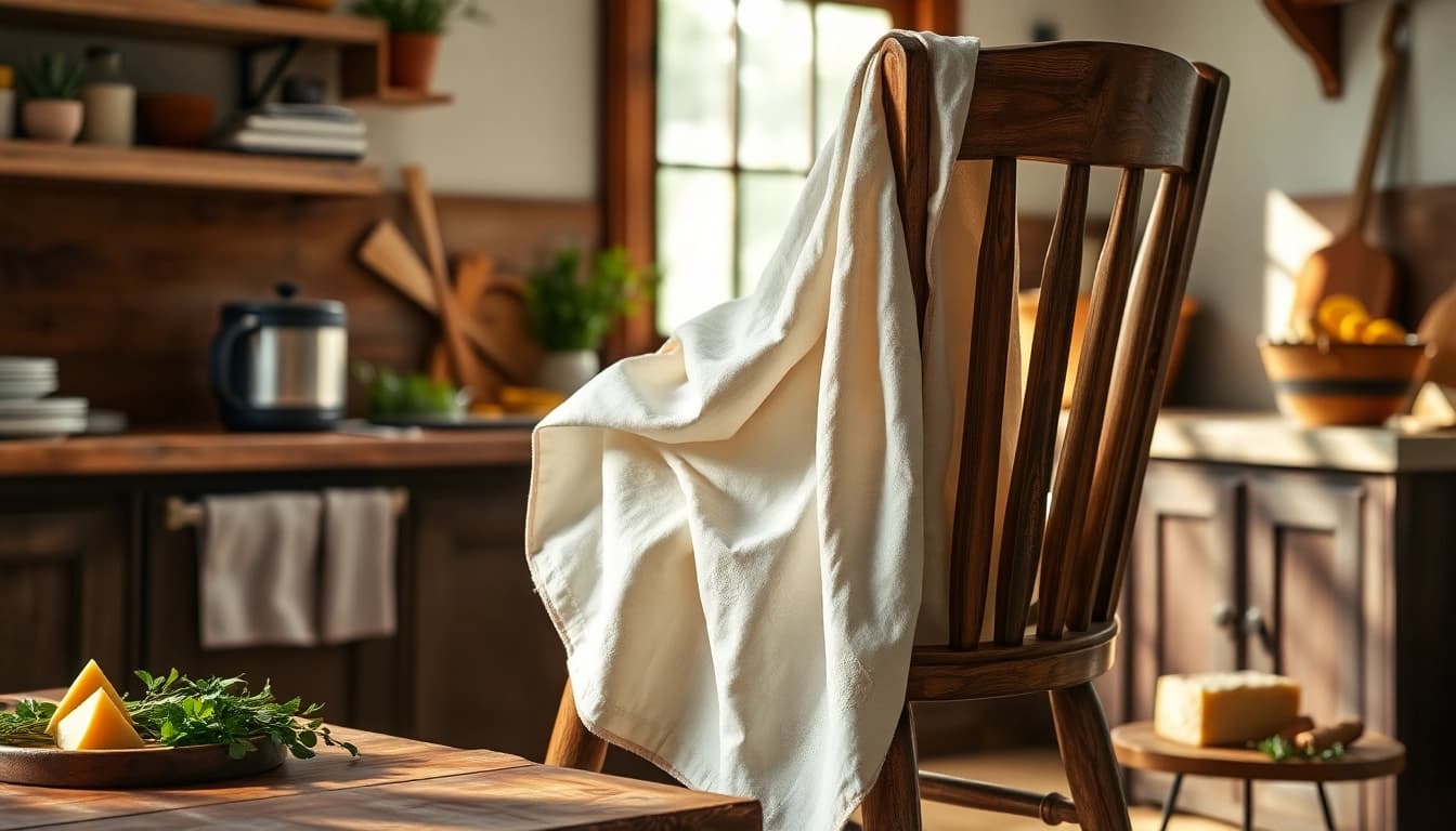 Kaasdoek mooi op een houten stoel in een gezellige keuken met verse ingrediënten.