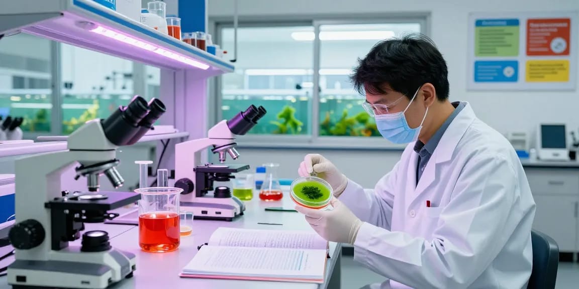 Researcher examining microalgae astaxanthin in a vibrant lab, showcasing health benefits and extraction.