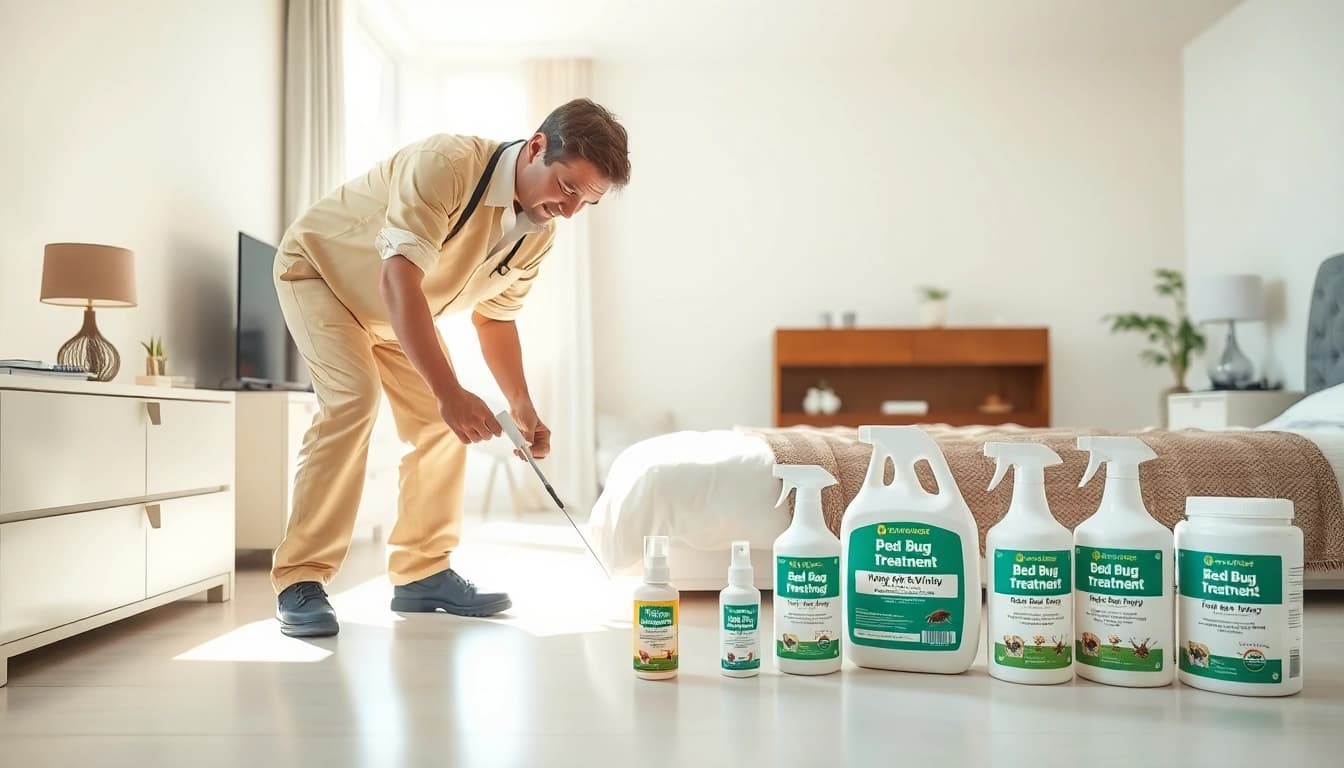 Implementing affordable bed bug treatment by a professional in a well-lit bedroom.