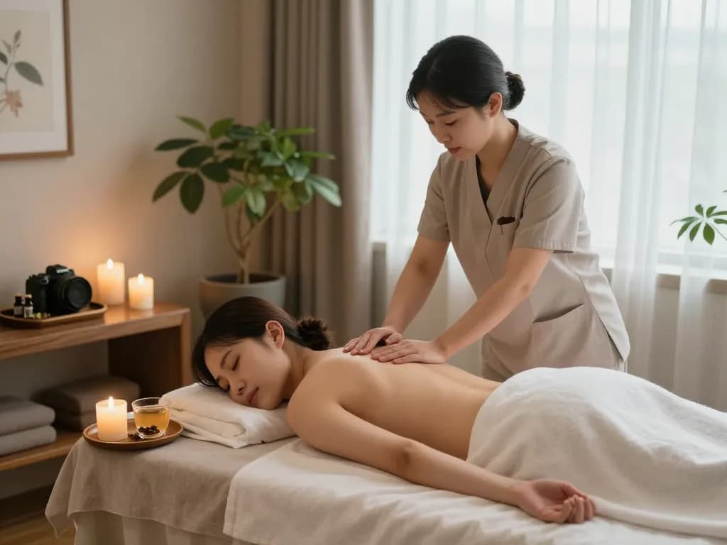 서울출장마사지 with a therapist providing a relaxing massage in a tranquil hotel room, emphasizing calm atmosphere.