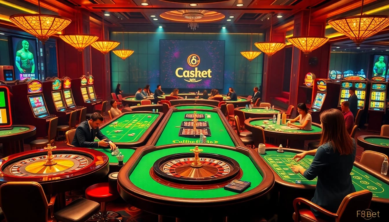 Engaging players at Nhà Cái F8bet's luxurious casino tables, exuding excitement and sophistication.