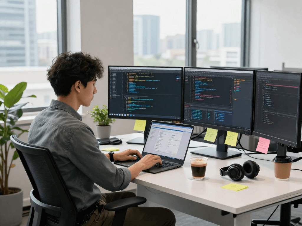Developer working on crushon software in modern office, dual monitors displaying code.