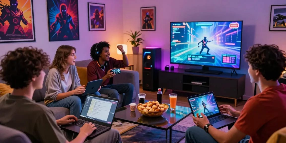 Exciting gathering of friends playing xxx games online on various devices in a cozy living room.