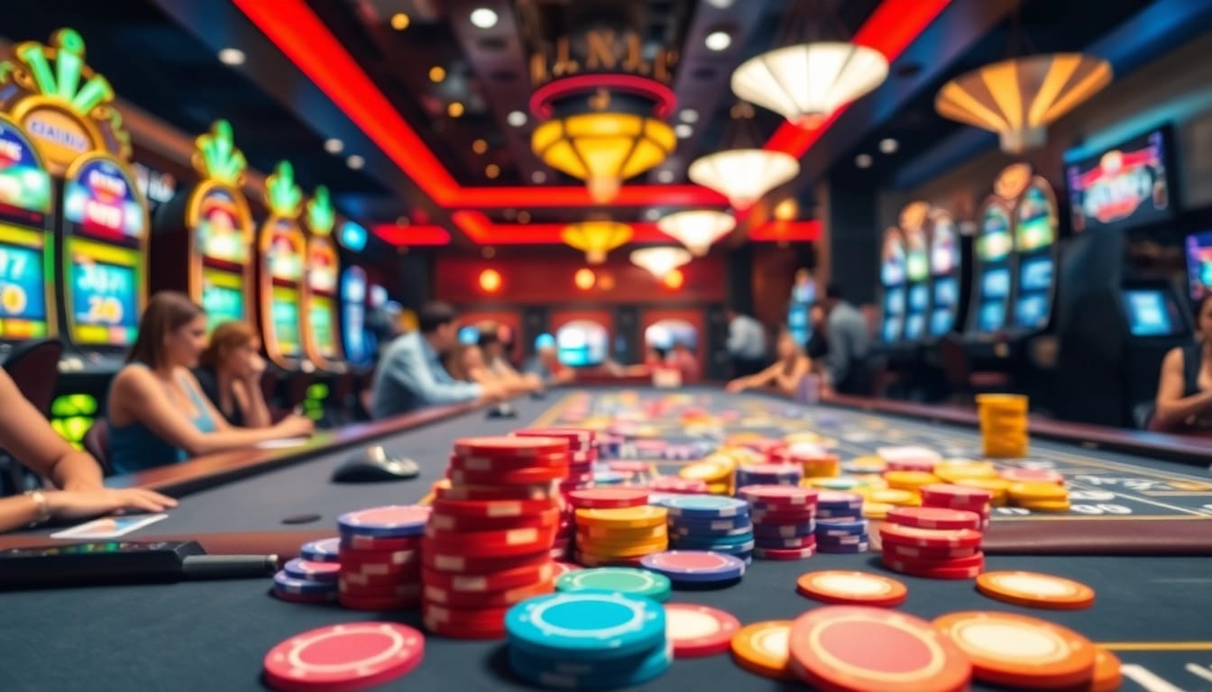 Pakde4d bermain di kasino dengan meja permainan yang meriah dan cerah.