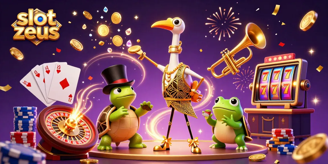 Experience thrilling gameplay with slot zeus as characters enjoy a lively casino scene with coins and gems.