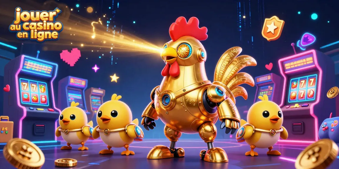Jouez au casino en ligne avec un robot coq futuriste entouré de machines à sous colorées et d'éléments de jeu dynamiques.