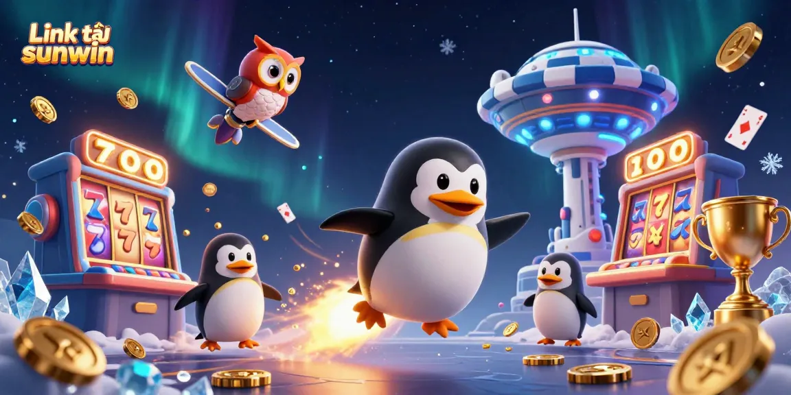 Experience the excitement of the Link tải sunwin adventure, featuring a golden penguin at a casino station.