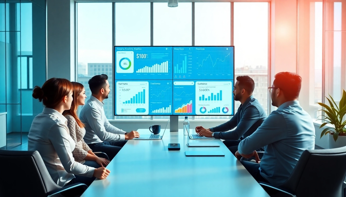 Analyzing SEO performance with a team in a modern office setting, focusing on key metrics.