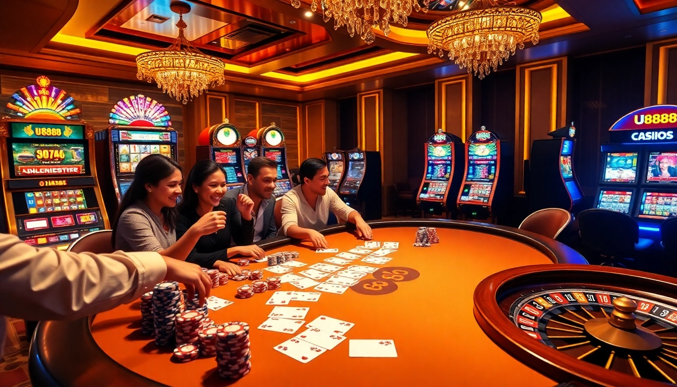 Intense game at U8888 poker table with colorful chips and vibrant atmosphere.