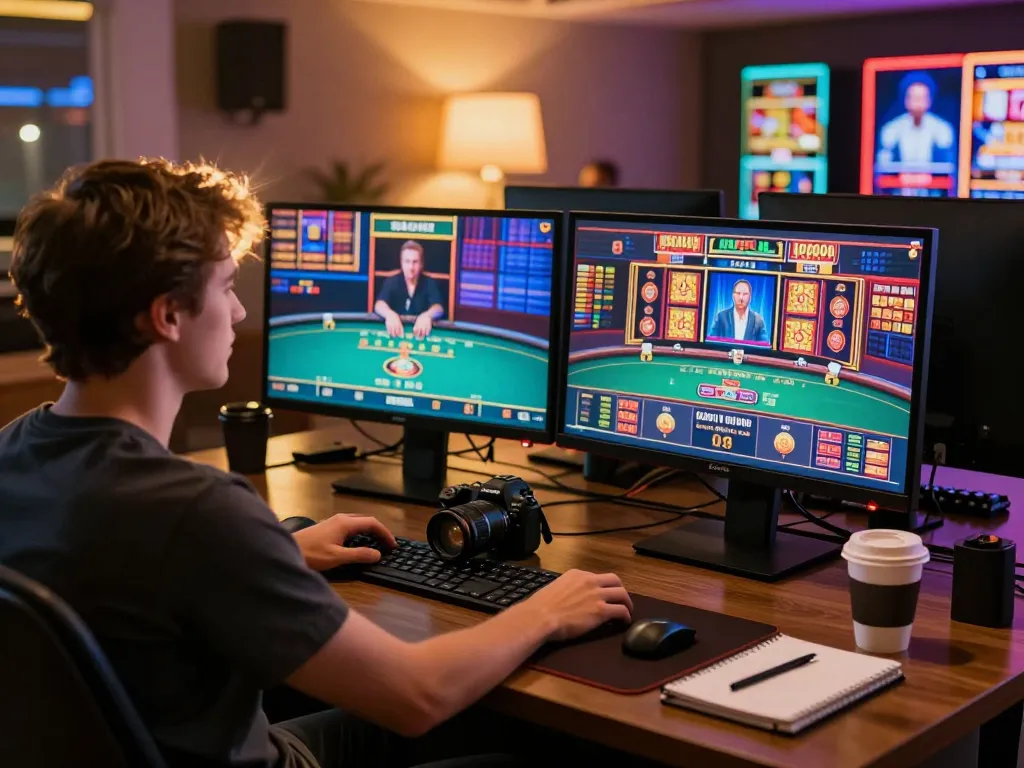 Player engaging with b52 online casino on multiple screens in a cozy home setup