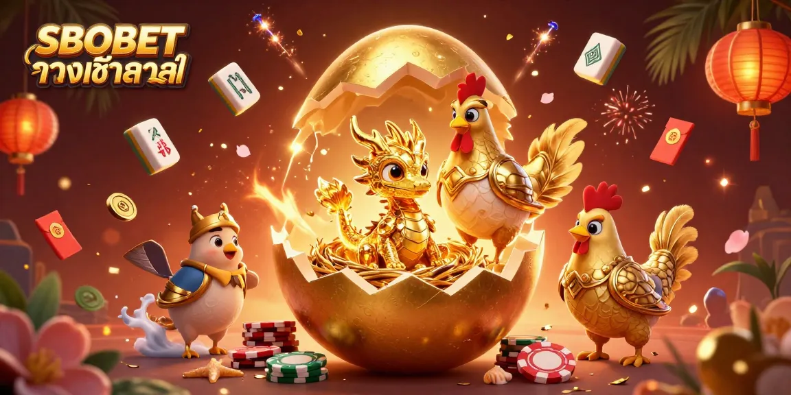 SBOBET ทางเข้าล่าสุด showcases a golden dragon amidst poker chips, symbolizing online betting excitement.