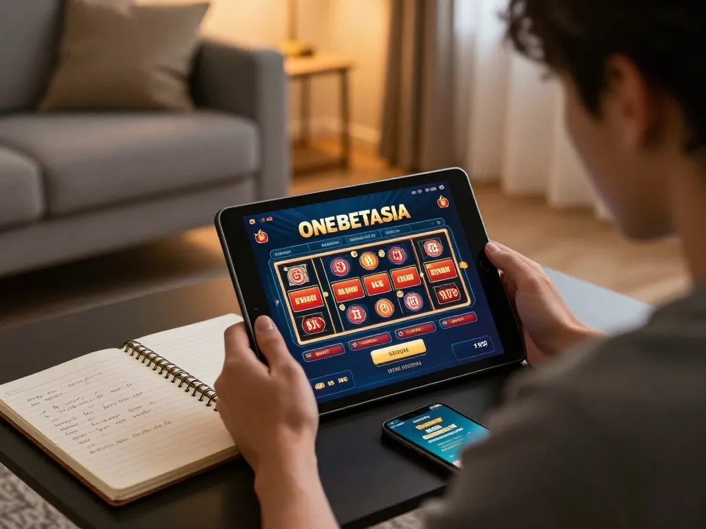 Engaged player strategizing on ONEBETASIA online casino platform in a cozy home setting.