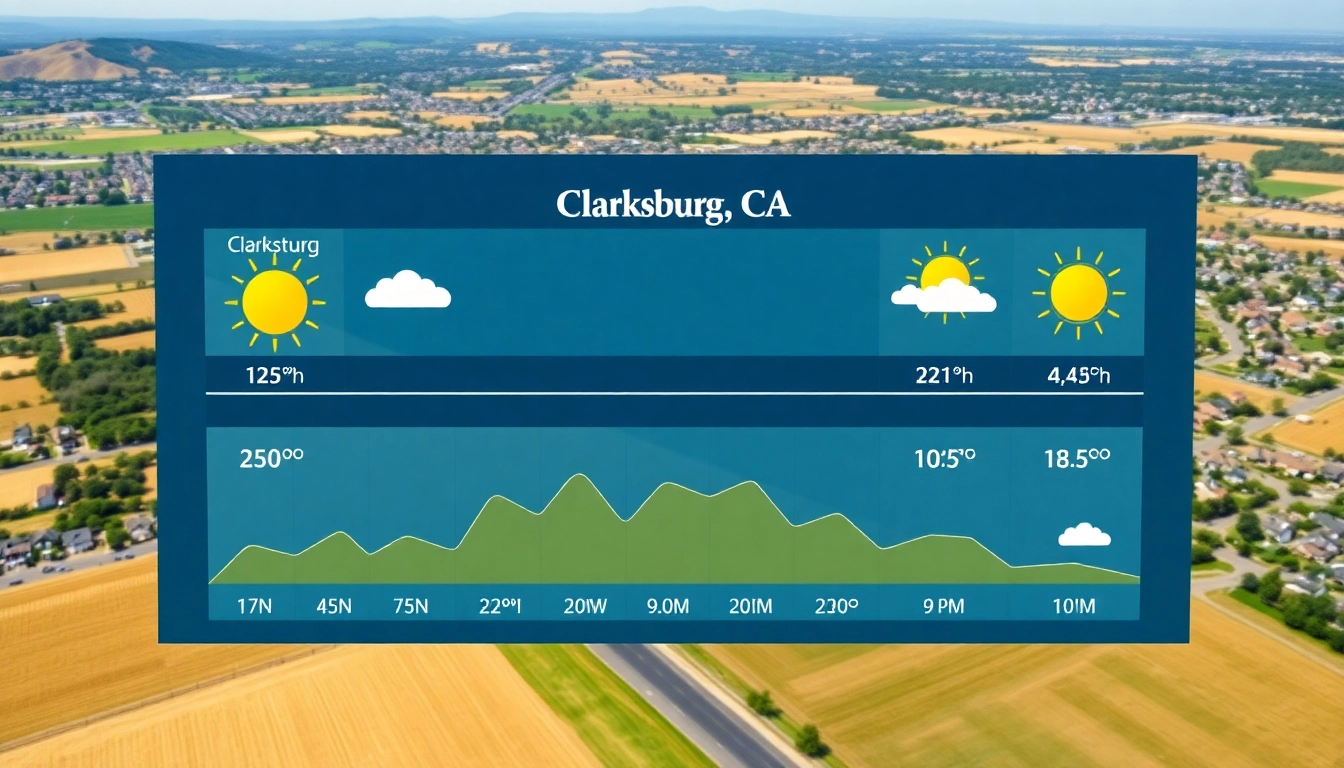 Analyze Clarksburg CA weather patterns with a colorful weather chart and scenic landscape.