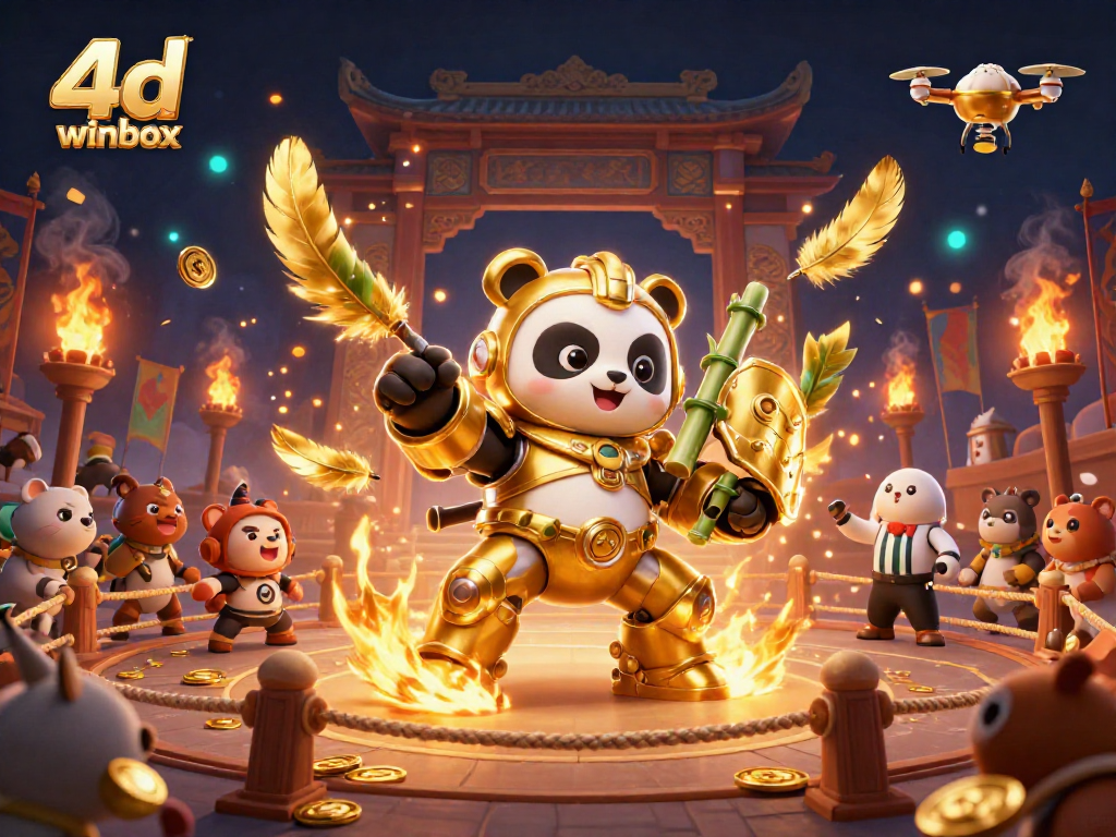 A dynamic 4D Winbox scene featuring a golden panda mech in a gamified arena filled with action.