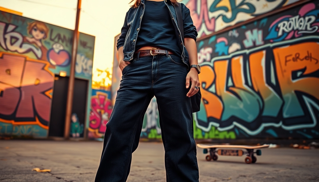 A model confidently wearing baggy black jeans paired with stylish accessories against a colorful street art background.