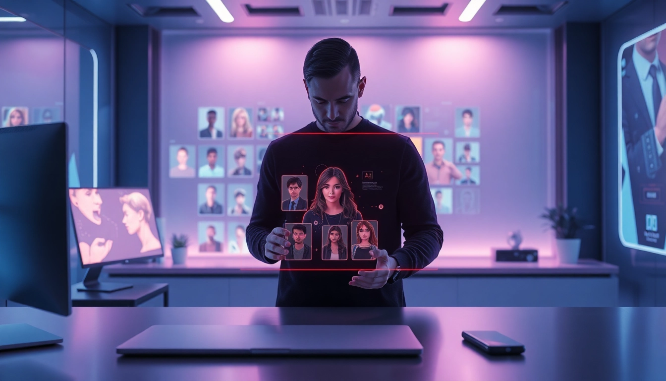 Futuristic AI nsfw platform interface with interactive holographic display in a modern workspace