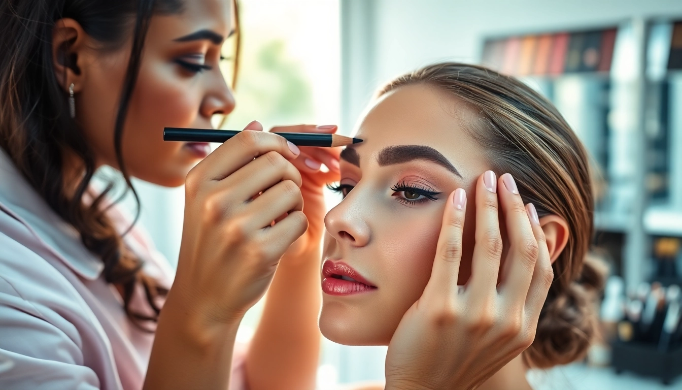 Enhancing pencil eyebrows with expert application in a vibrant makeup studio setting.