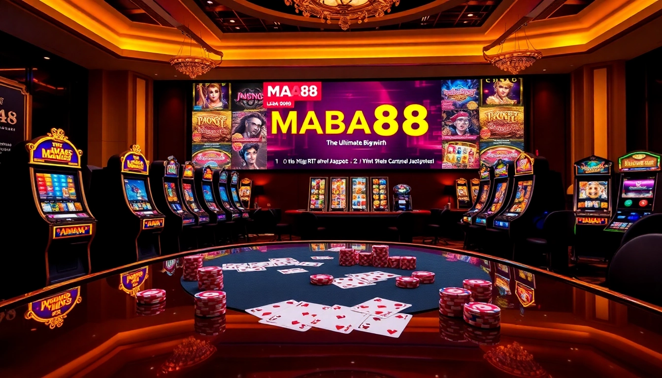Para pemain MABAR88 berinteraksi dengan mesin slot berwarna-warni dalam tata letak kasino online mewah.