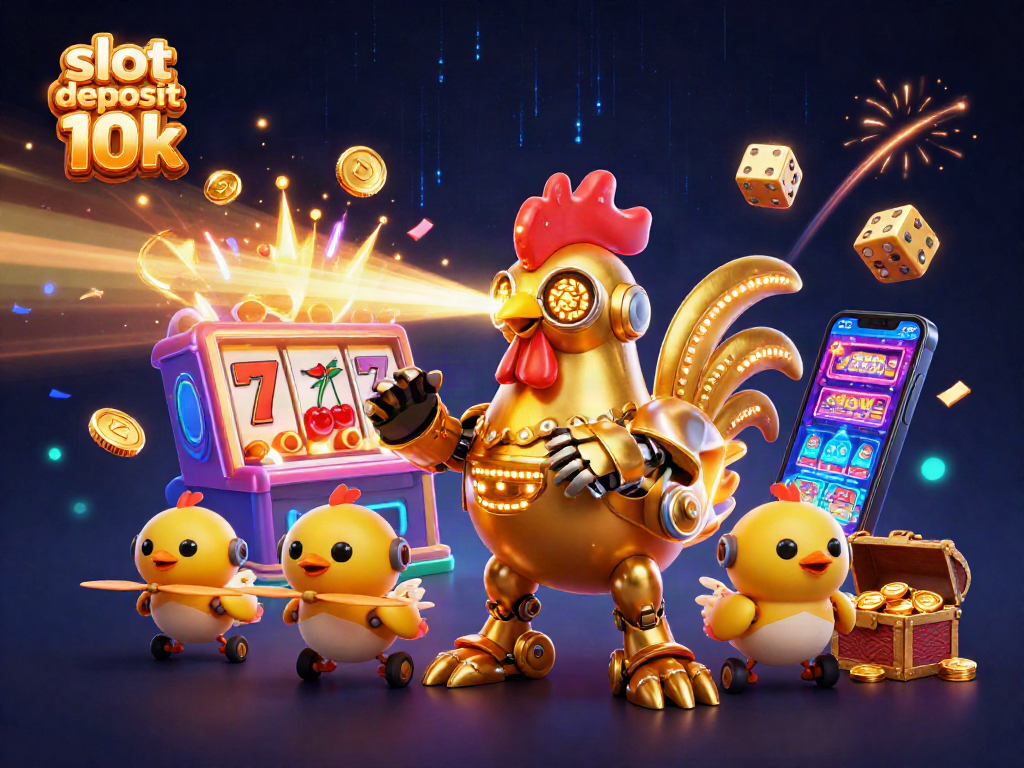 Experience the thrill of slot deposit 10k with a 3D golden rooster robot winning big!