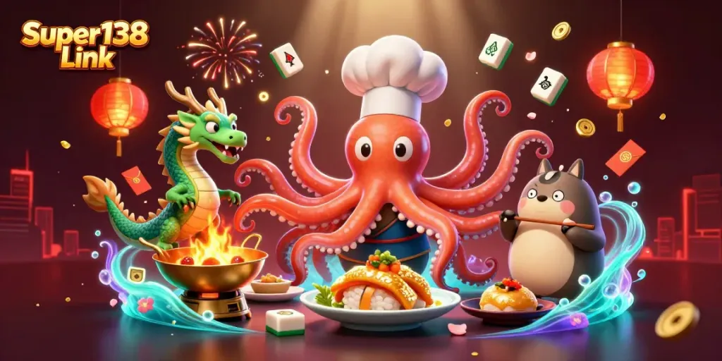 Engaging scene with Super138 Link illustrating a sushi chef octopus, dragon, and tanuki in a dynamic casino setting.