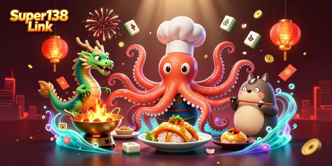 Engaging scene with Super138 Link illustrating a sushi chef octopus, dragon, and tanuki in a dynamic casino setting.