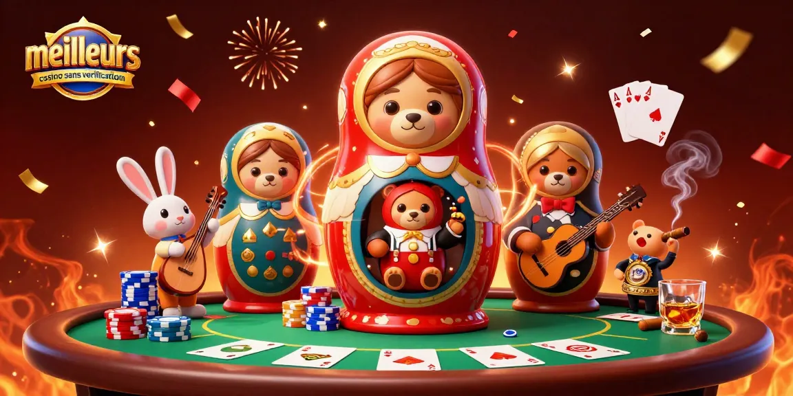 Illustration colorée de meilleurs casinos sans vérification avec des ours et une musique festive.