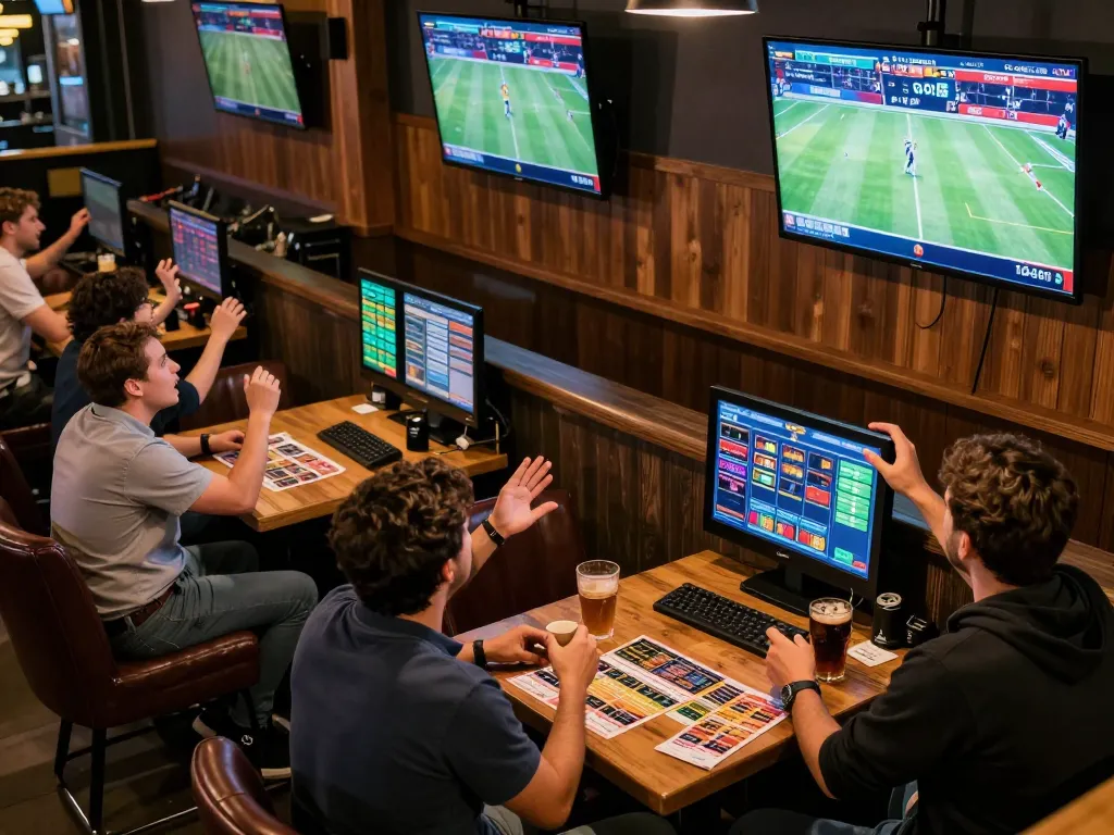 W 88 sports enthusiasts placing bets while watching live games in a vibrant sports bar