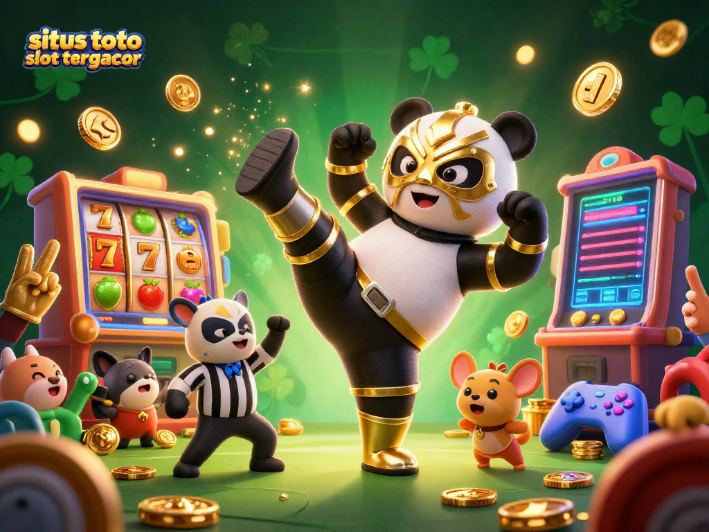 Experience thrilling action with situs toto slot tergacor as a panda performs a kick, crafting a vibrant casino scene.