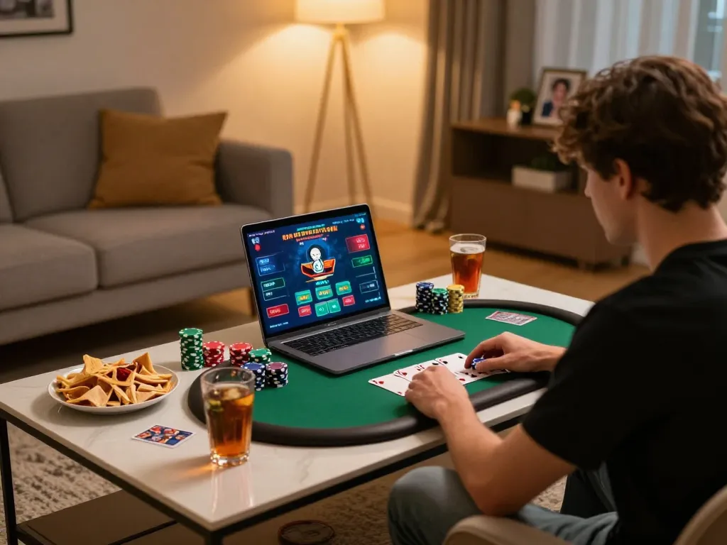Playing online slot gacor 777 in a cozy home setting with poker chips and engaging interface