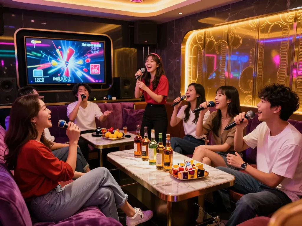 Friends enjoying a lively karaoke experience at www.gangnamtune.com with vibrant decor, drinks, and a welcoming atmosphere.