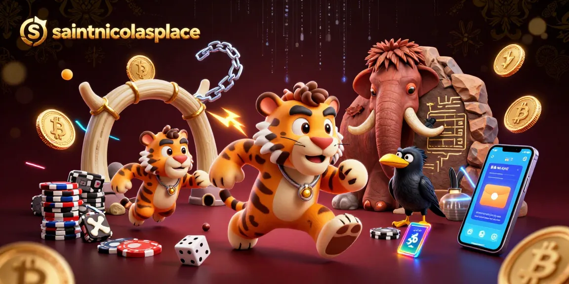 Experience the thrill of gaming at saintnicolasplace with a unique prehistoric casino setup featuring iconic characters.