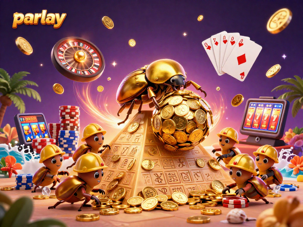 Engage in thrilling parlay betting with gold beetles in a vibrant casino landscape
