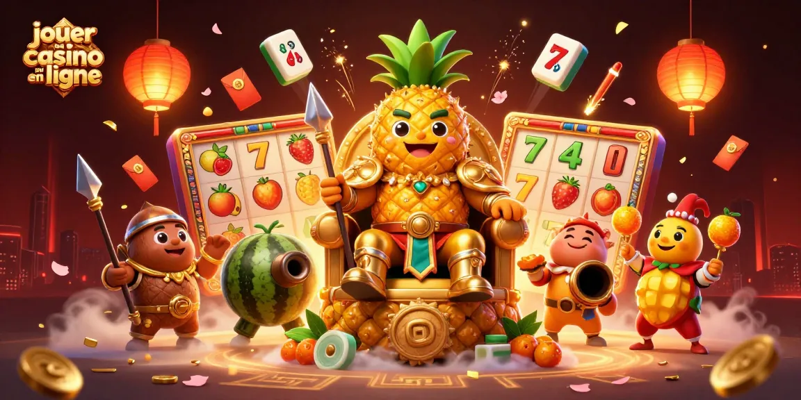 Jouer au casino en ligne avec le roi ananas et ses gardes dans une illustration dynamique.