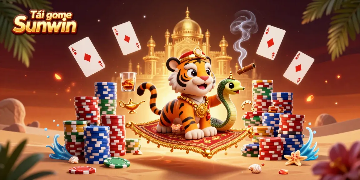 Tải game Sunwin with an engaging 3D casino scene featuring a tiger sultan, magic snake, and poker elements.