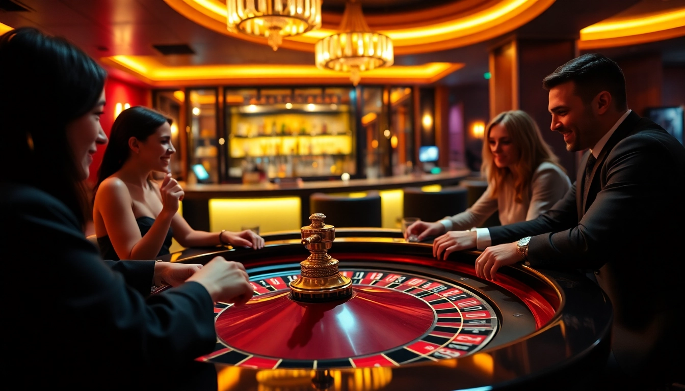 Engaging scene at a lively non gamstop casino Uk with players and roulette table.