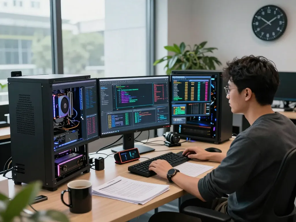 AI crypto mining workstation with advanced technology and vibrant screens showcasing algorithms and analytics.