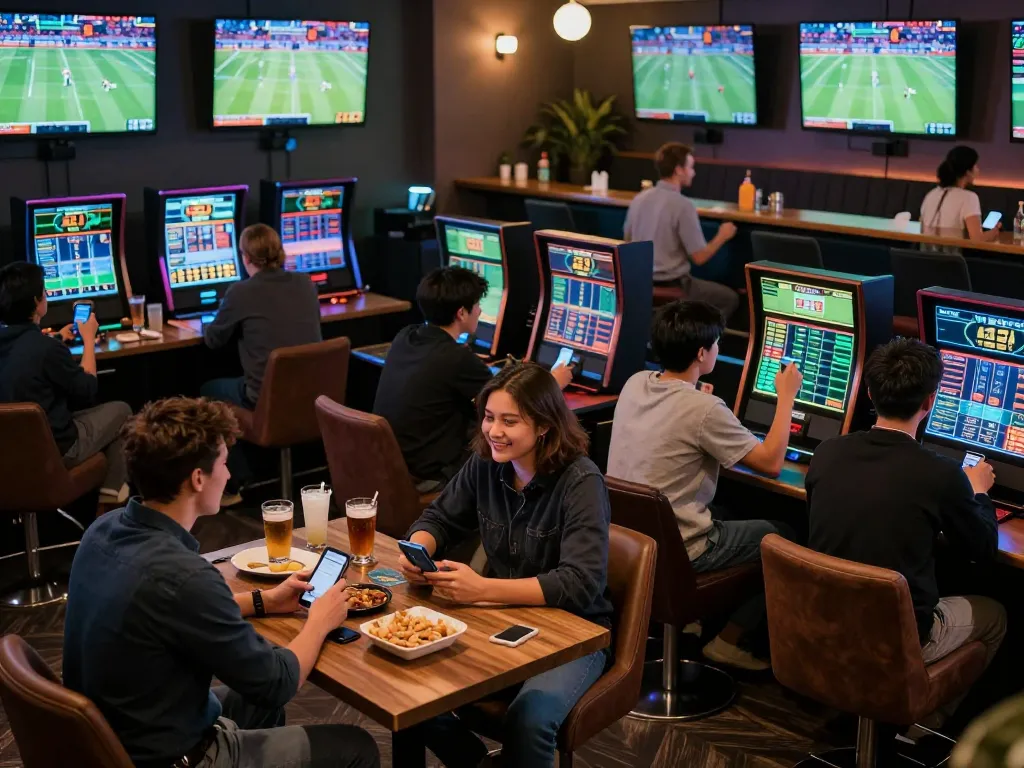 Engaging sports bettors discussing odds on 388bet mobile app in a lively betting lounge