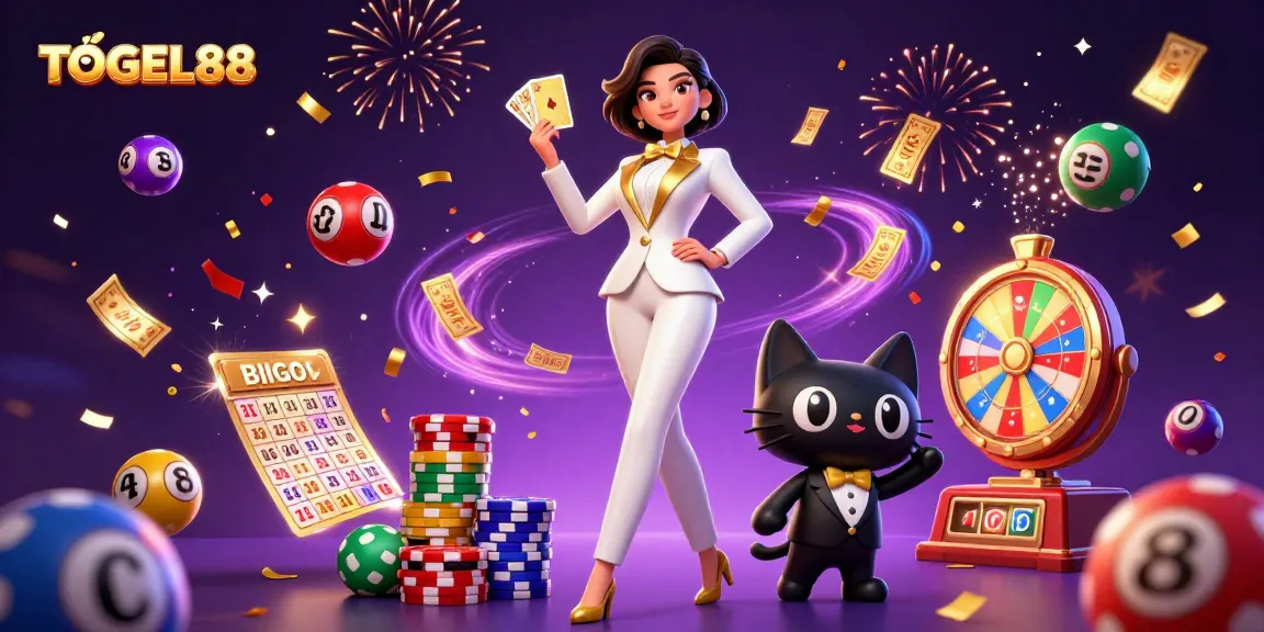 Experience thrilling gaming action at TOGEL88 with a glamorous character and vibrant lottery elements.