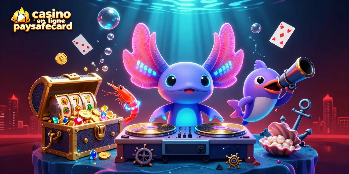 Jouer dans un casino en ligne paysafecard avec une ambiance animée, mis en valeur par un DJ axolotl.